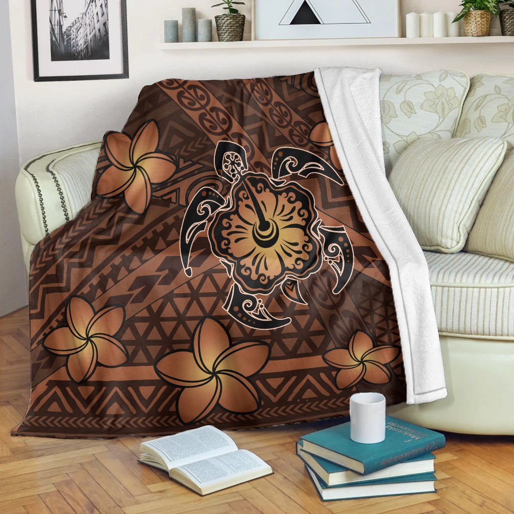 Hawaii Mix Polynesian Turtle Plumeria Premium Blankets - AH - Nick Style - Orange White - Polynesian Pride