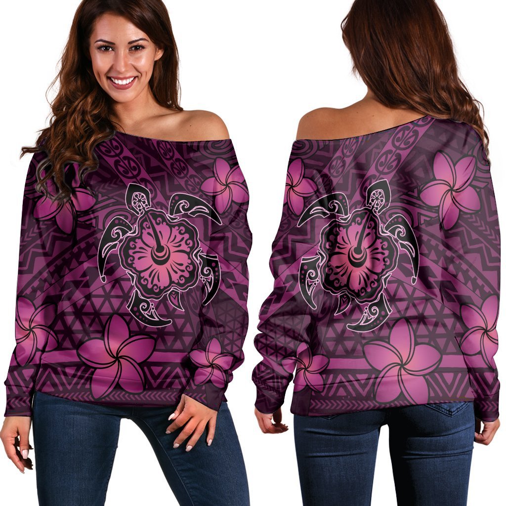 Hawaii Mix Polynesian Turtle Plumeria Women's Off Shoulder Sweater - AH - Nick Style - Pink Black - Polynesian Pride