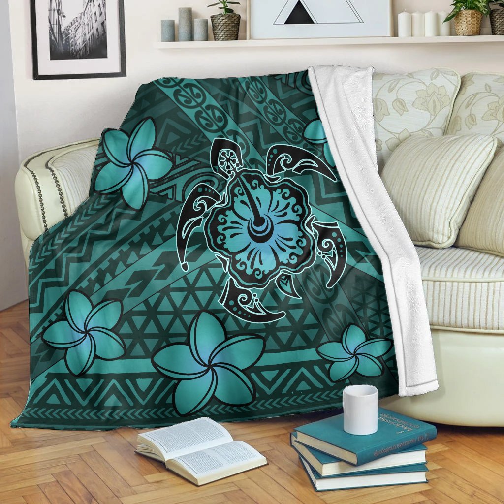 Hawaii Mix Polynesian Turtle Plumeria Premium Blankets - AH - Nick Style - Turquoise White - Polynesian Pride