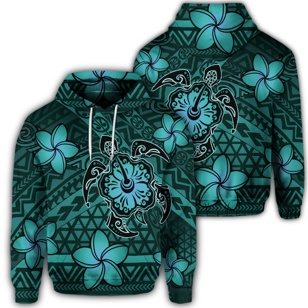 Hawaiian Mix Polynesian Turtle Plumeria Hoodie Nick Style Turquoise Unisex Art - Polynesian Pride