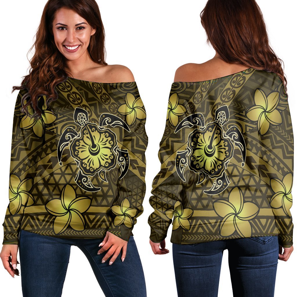 Hawaii Mix Polynesian Turtle Plumeria Women's Off Shoulder Sweater - AH - Nick Style - Yellow Black - Polynesian Pride