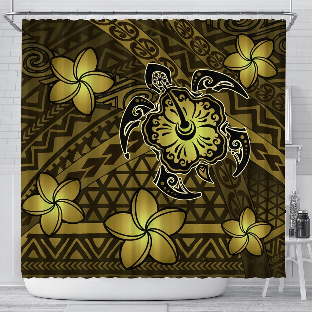 Hawaii Mix Polynesian Turtle Plumeria Shower Curtain - AH - Nick Style - Yellow 177 x 172 (cm) Black - Polynesian Pride