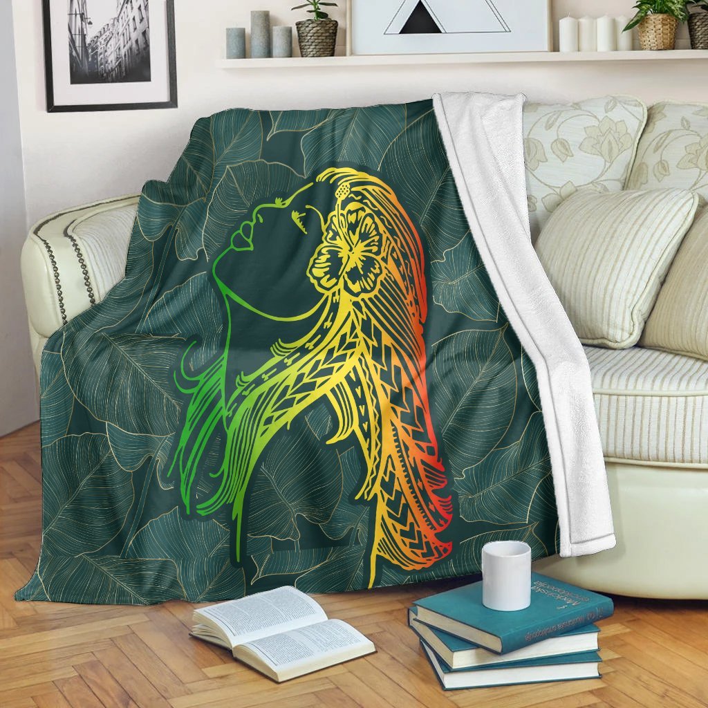 Hawaii Monstera Kalo Hula Girl Kanaka Maoli Premium Blankets - AH White - Polynesian Pride