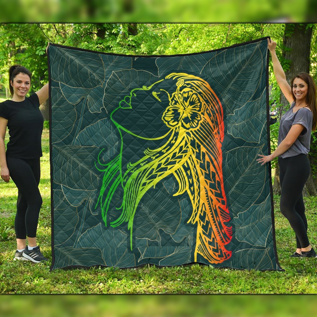 Hawaii Monstera Kalo Hula Girl Kanaka Maoli Premium Quilts - AH Black - Polynesian Pride