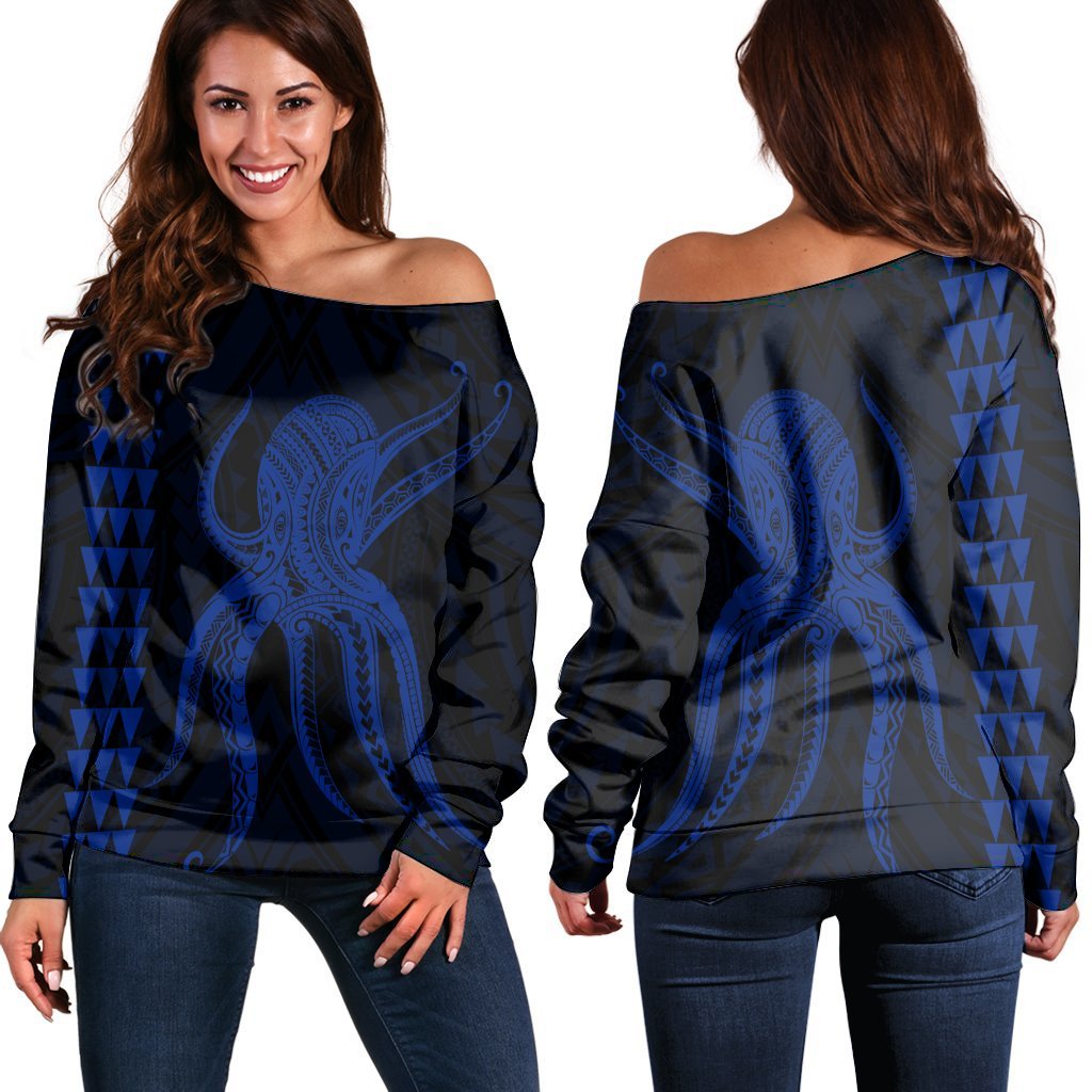 Hawaii Octopus KaKau Polynesian Women's Off Shoulder Sweater - Blue - AH Black - Polynesian Pride