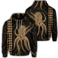 Hawaii Octopus KaKau Polynesian Zip Hoodie Gold Unisex Art - Polynesian Pride