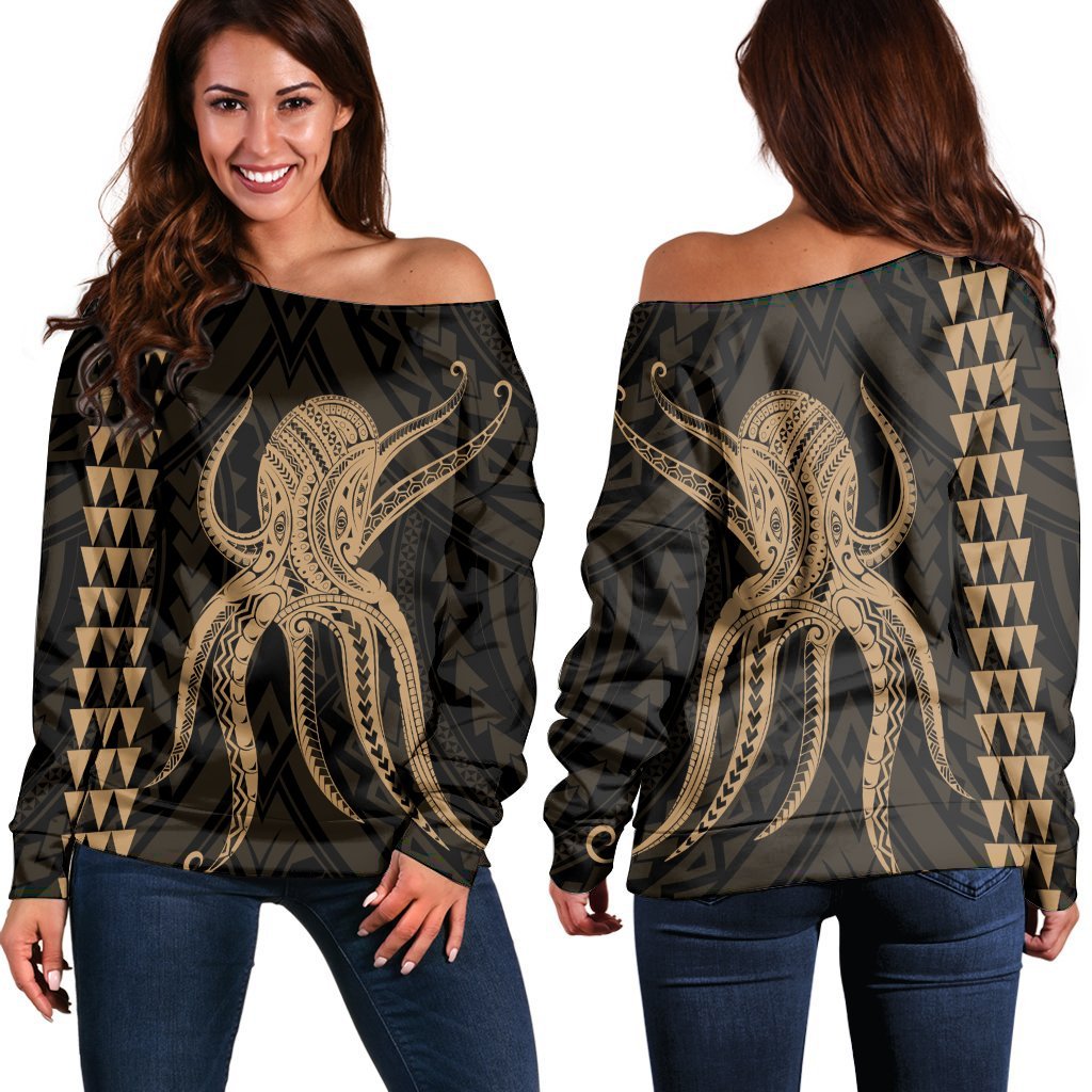 Hawaii Octopus KaKau Polynesian Women's Off Shoulder Sweater - Gold - AH Black - Polynesian Pride