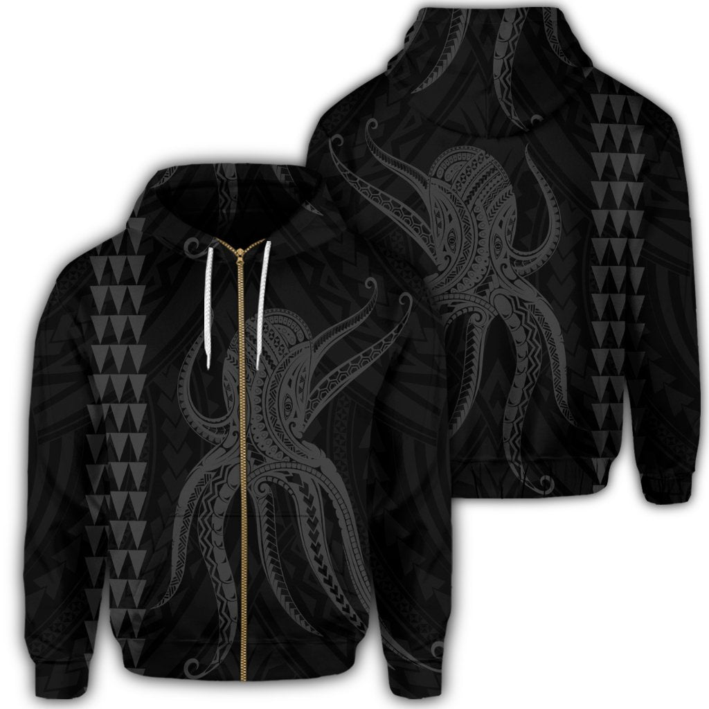 Hawaii Octopus KaKau Polynesian Zip Hoodie Gray Unisex Art - Polynesian Pride