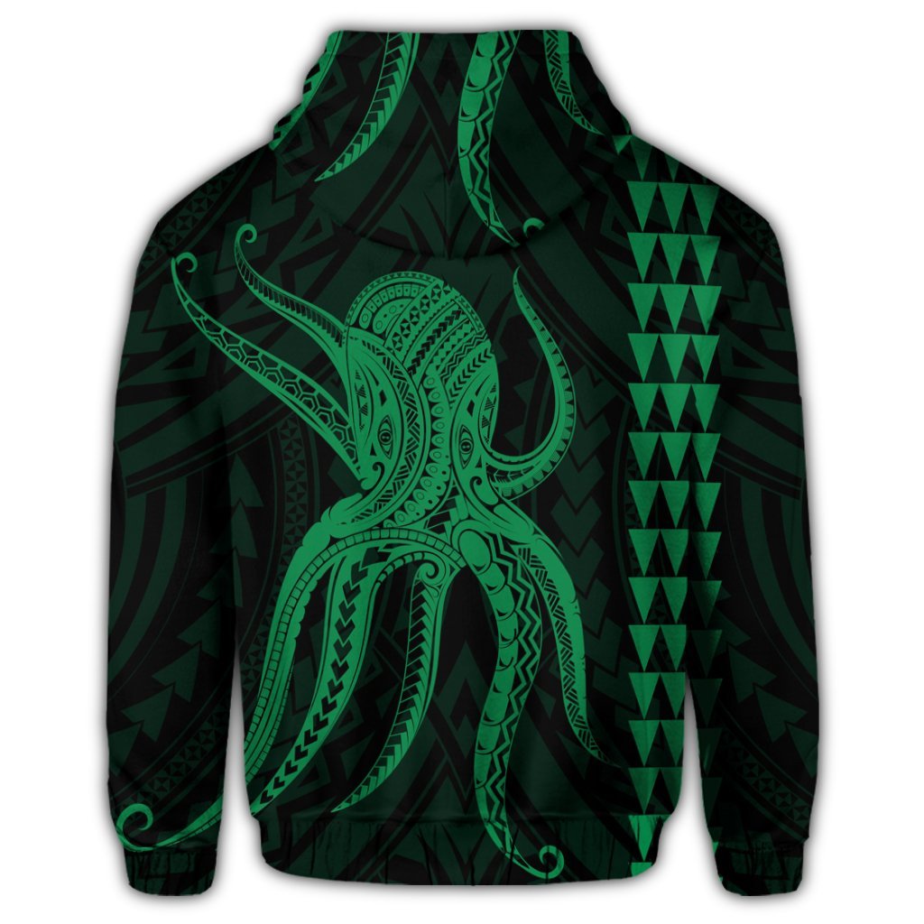 Hawaii Octopus KaKau Polynesian Zip Hoodie Green - Polynesian Pride
