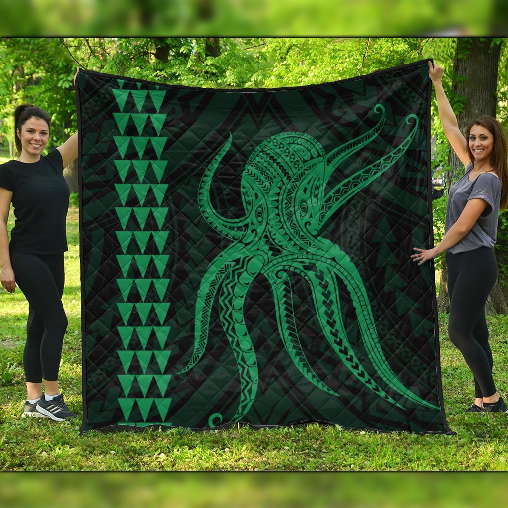 Hawaii Octopus KaKau Polynesian Premium Quilts - Green - AH Black - Polynesian Pride