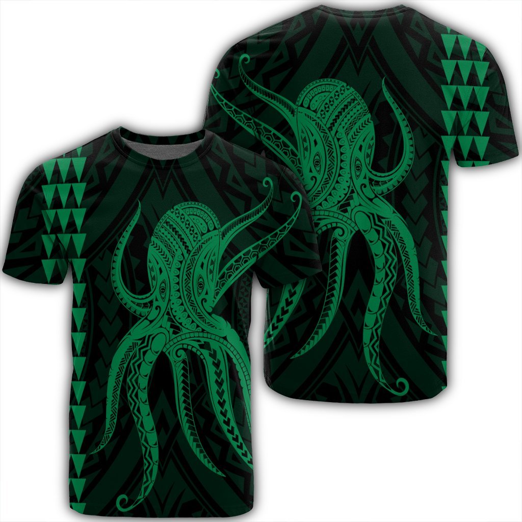 Hawaii Octopus KaKau Polynesian T Shirt Green Unisex Black - Polynesian Pride