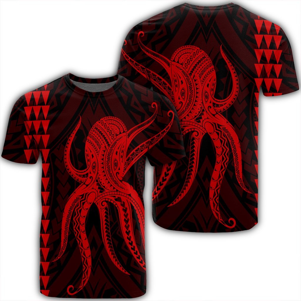 Hawaii Octopus KaKau Polynesian T Shirt Red Unisex Black - Polynesian Pride