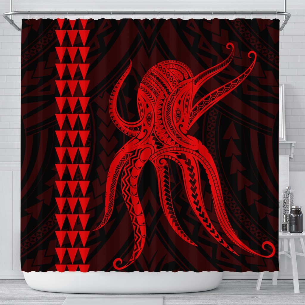 Hawaii Octopus KaKau Polynesian Shower Curtain - Red - AH 177 x 172 (cm) Black - Polynesian Pride