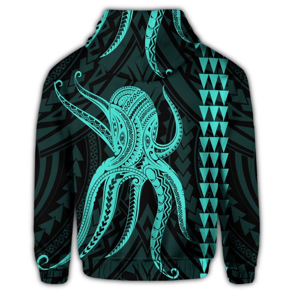 Hawaii Octopus KaKau Polynesian Zip Hoodie Turquoise - Polynesian Pride