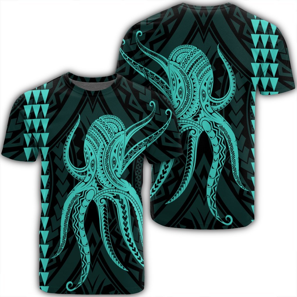 Hawaii Octopus KaKau Polynesian T Shirt Turquoise Unisex Black - Polynesian Pride