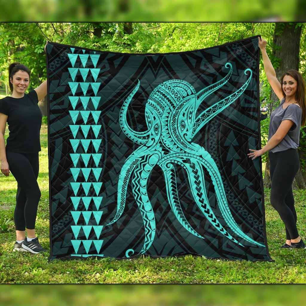 Hawaii Octopus KaKau Polynesian Premium Quilts - Turquoise - AH Black - Polynesian Pride