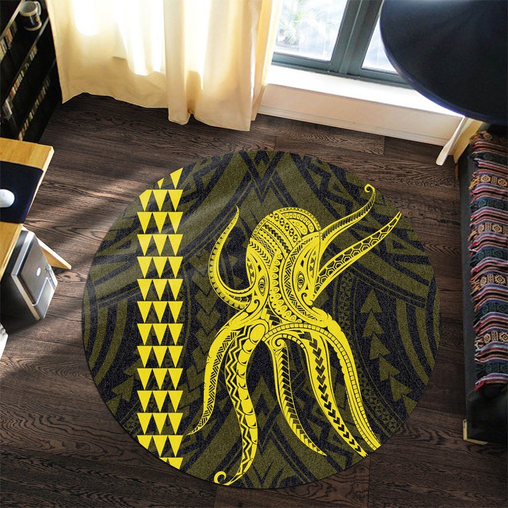 Hawaii Octopus KaKau Polynesian Round Carpet - Yellow - AH - Polynesian Pride