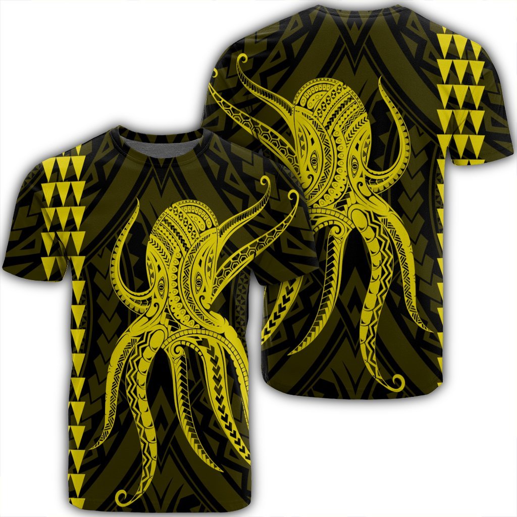 Hawaii Octopus KaKau Polynesian T Shirt Yellow Unisex Black - Polynesian Pride