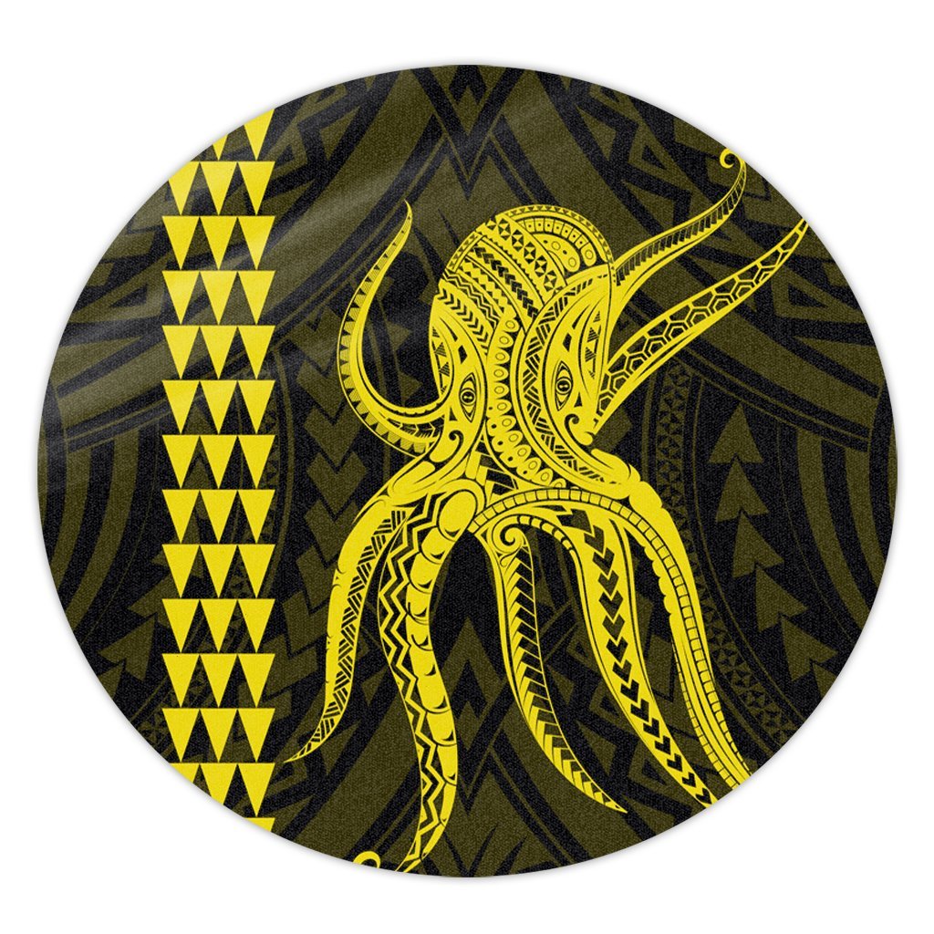 Hawaii Octopus KaKau Polynesian Round Carpet - Yellow - AH Round Carpet Luxurious Plush - Polynesian Pride
