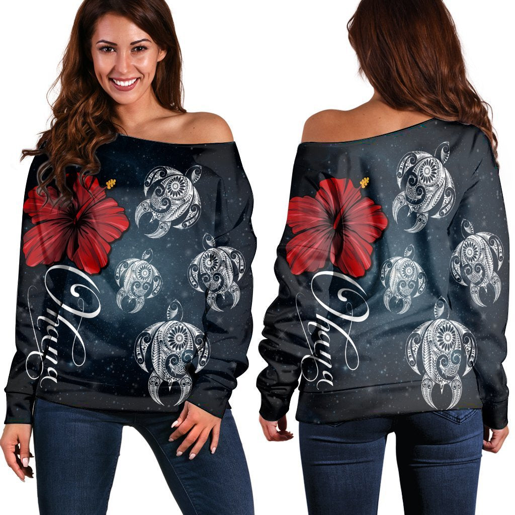 Hawaii Ohana Turtle Hibiscus Galaxy Women's Off Shoulder Sweater - AH Black - Polynesian Pride