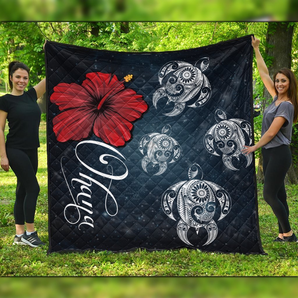 Hawaii Ohana Turtle Hibiscus Galaxy Premium Quilts - AH Black - Polynesian Pride