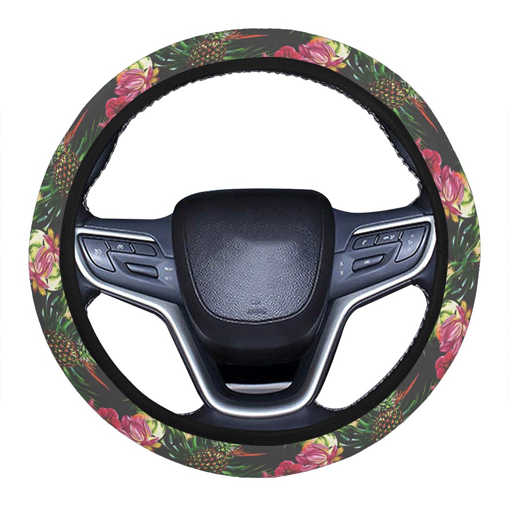 Hawaii Palm Leaves Pineapples Jungle Leaf Hawaii Universal Steering Wheel Cover with Elastic Edge One Size Blue Steering Wheel Cover - Polynesian Pride