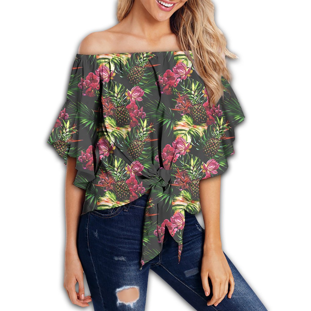 Hawaii Palm Leaves Pineapples Jungle Leaf Women's Off Shoulder Wrap Waist Top - AH - Polynesian Pride