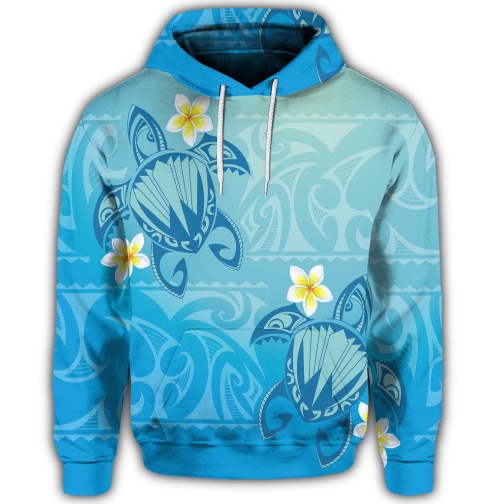 Hawaiian Plumeria Deep Blue Turtle Hoodie - Polynesian Pride