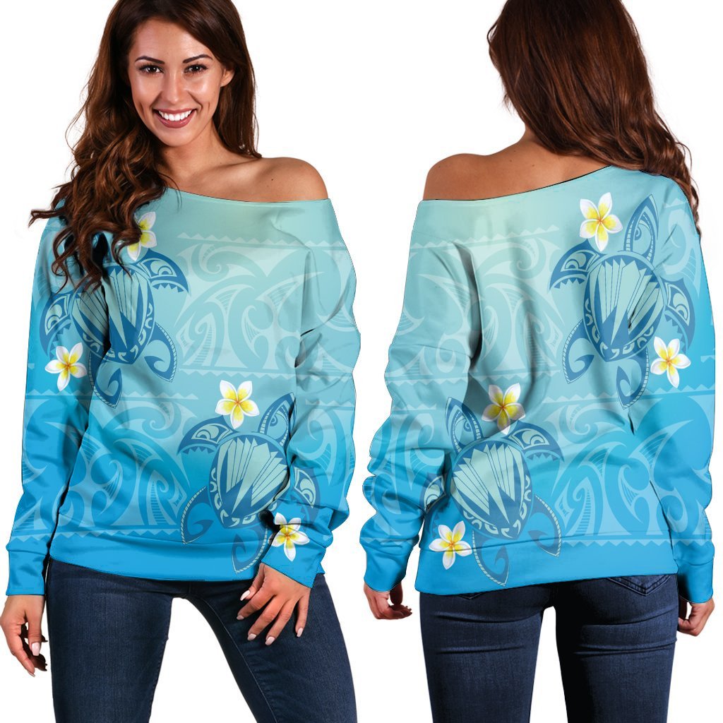 Hawaii Plumeria Deep Blue Turtle Women's Off Shoulder Sweater - AH Black - Polynesian Pride