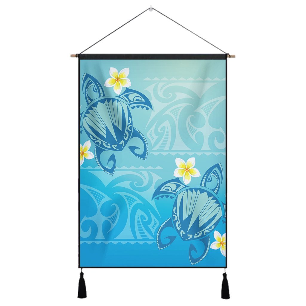 Hawaii Plumeria Deep Blue Turtle Hanging Poster - AH Hanging Poster Cotton And Linen - Polynesian Pride