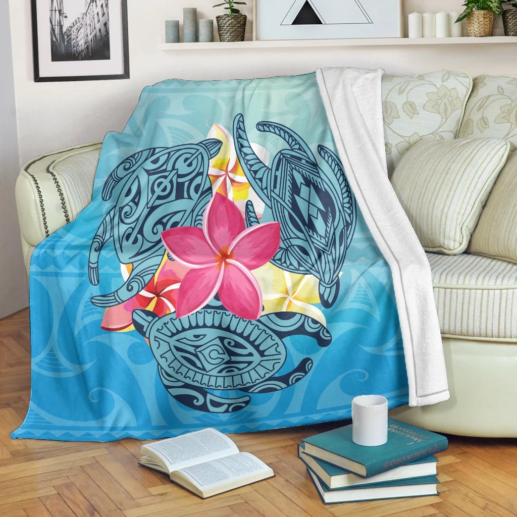 Hawaii Plumeria Deep Sea Circle Turtle Premium Blankets - AH White - Polynesian Pride