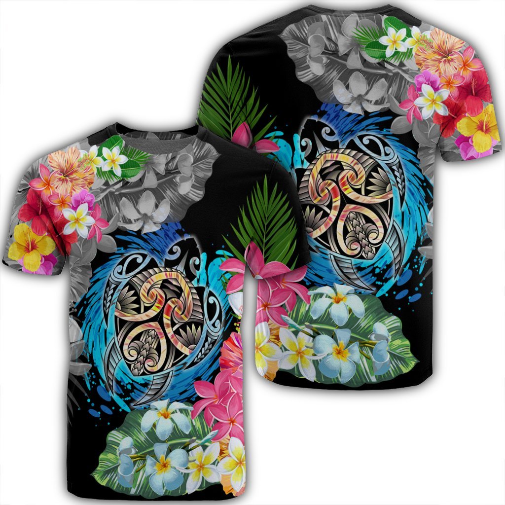 Hawaii Plumeria Hibiscus Wave Turtle T Shirt Unisex Black - Polynesian Pride