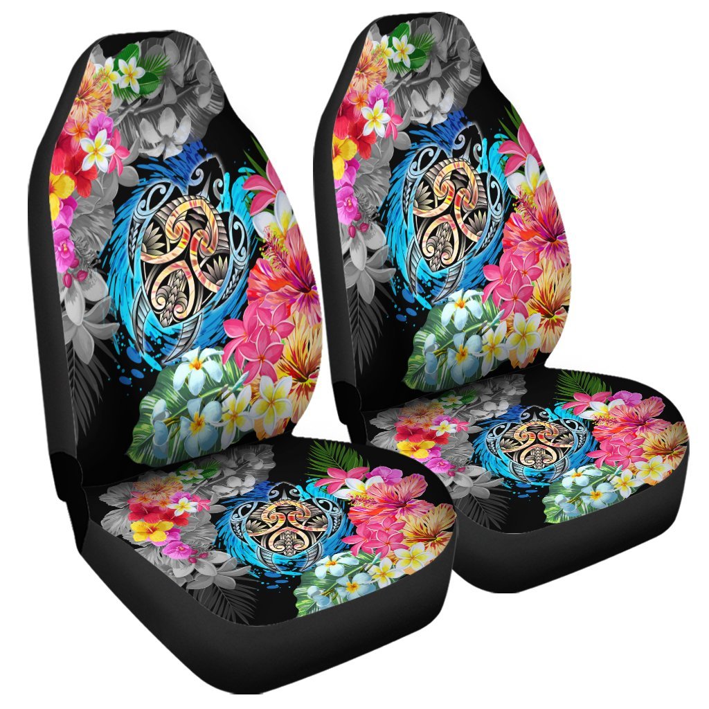 Hawaii Plumeria Hibiscus Wave Turtle Car Seat Covers - AH Universal Fit Black - Polynesian Pride