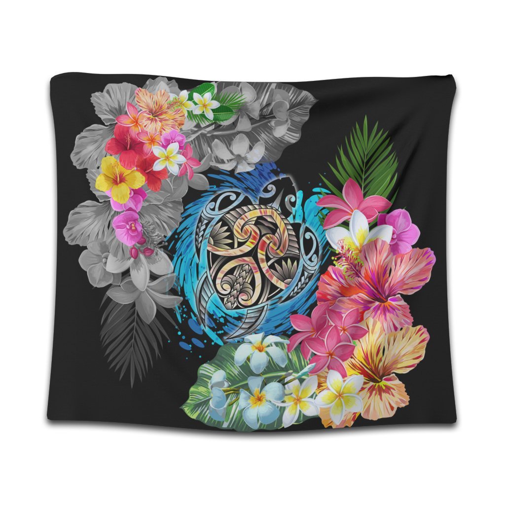 Hawaii Plumeria Hibiscus Wave Turtle Tapestry - AH Wall Tapestry Black - Polynesian Pride