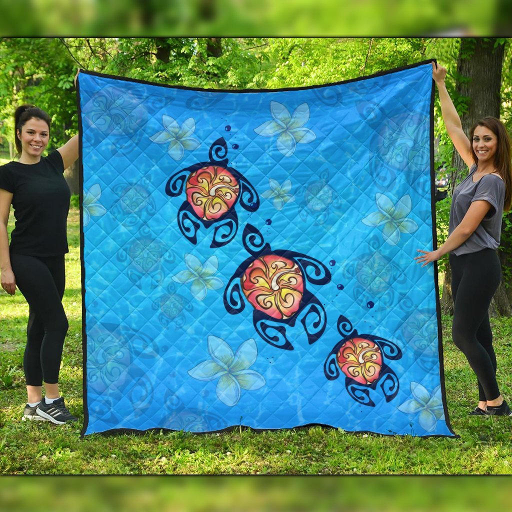 Hawaii Plumeria Turtle In The Ocean Premium Quilts - AH - John Style Black - Polynesian Pride