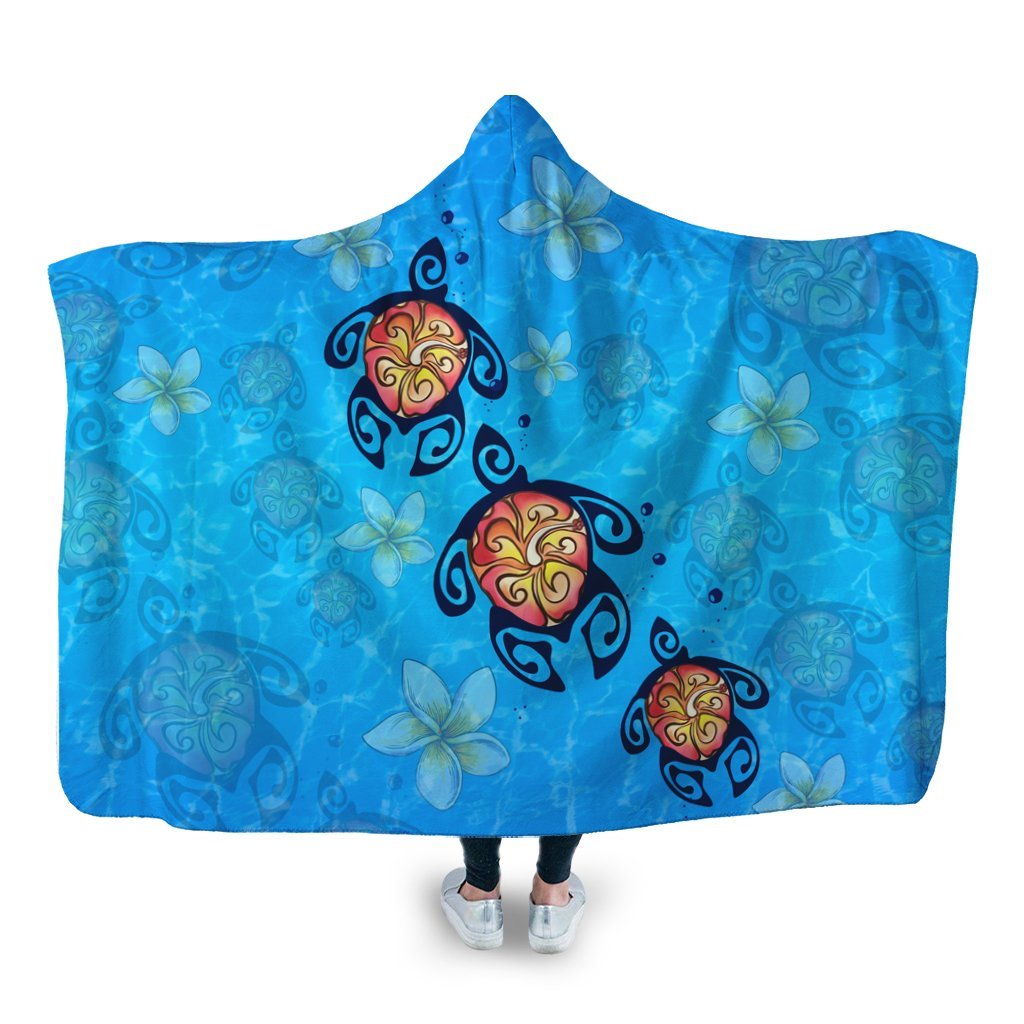 Hawaii Plumeria Turtle In The Ocean Hooded Blanket - AH - John Style Hooded Blanket White - Polynesian Pride