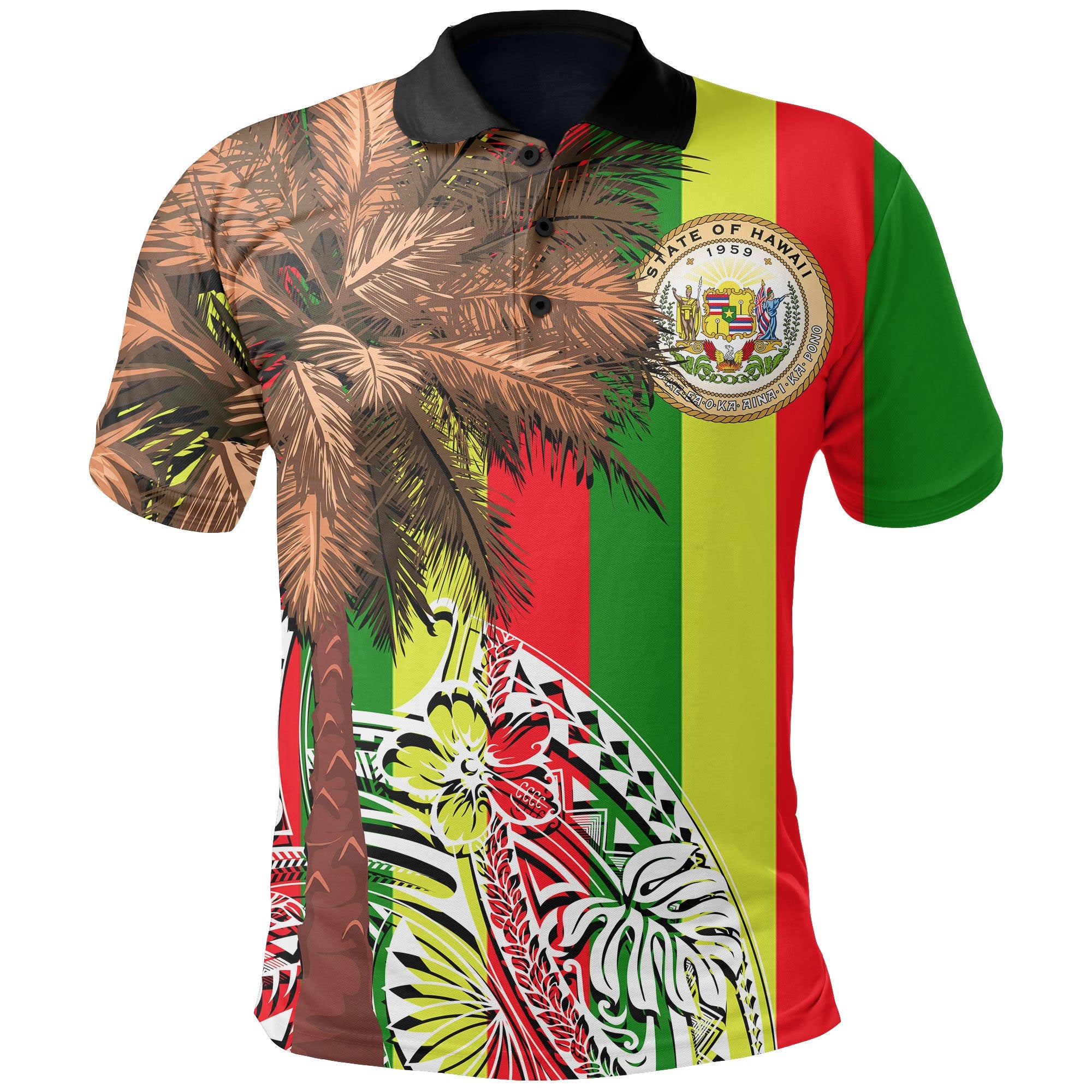 Hawaii Polo Shirt Polynesian Palm Tree Flag Unisex Red - Green - Polynesian Pride