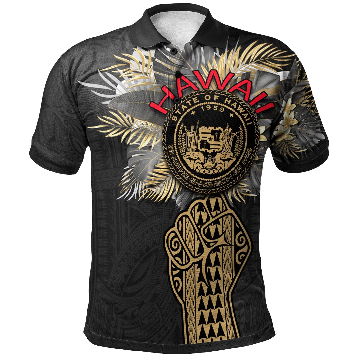 Hawaii Polo Shirt Coat Of Arm Clenched Fist Unisex Black - Polynesian Pride
