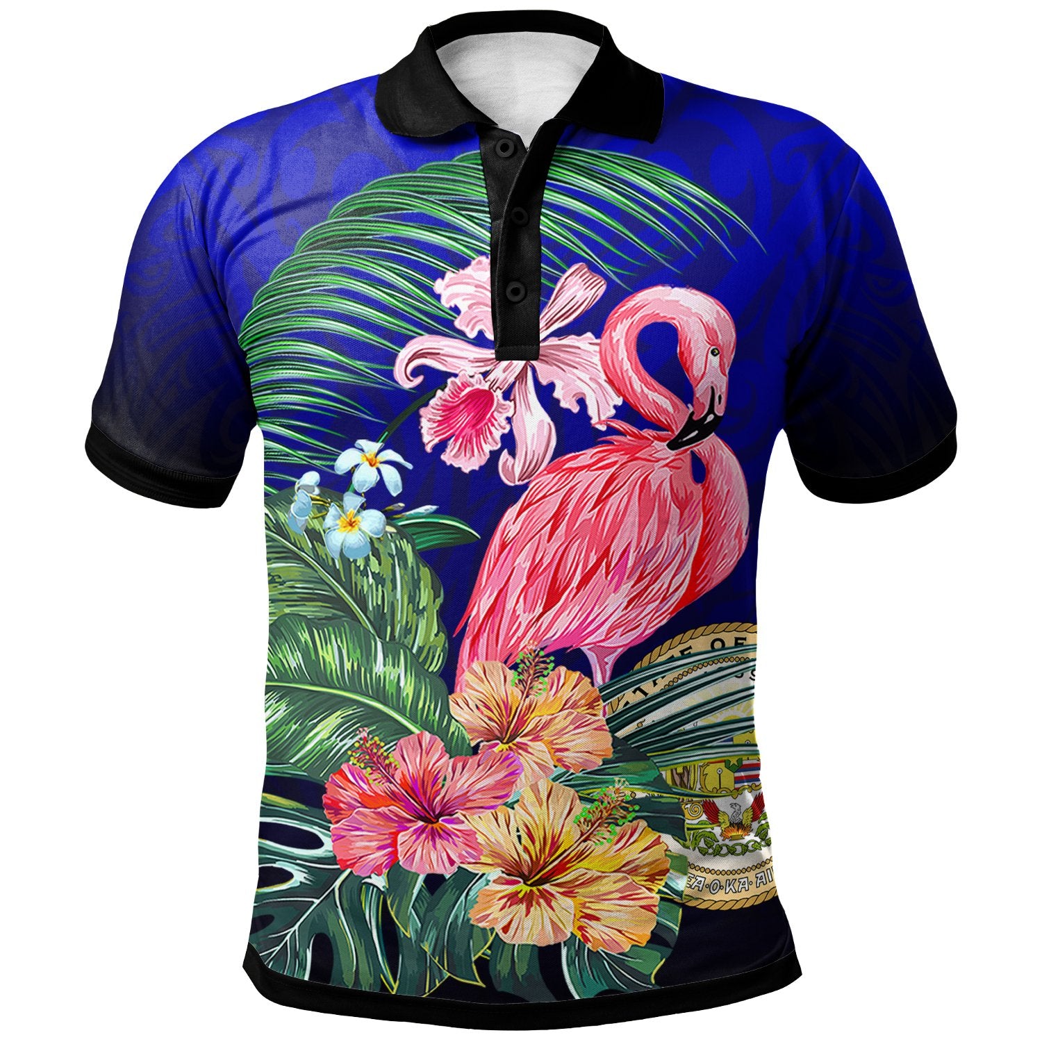 Hawaii Polo Shirt The Flamingo Hibiscus Unisex Blue - Polynesian Pride