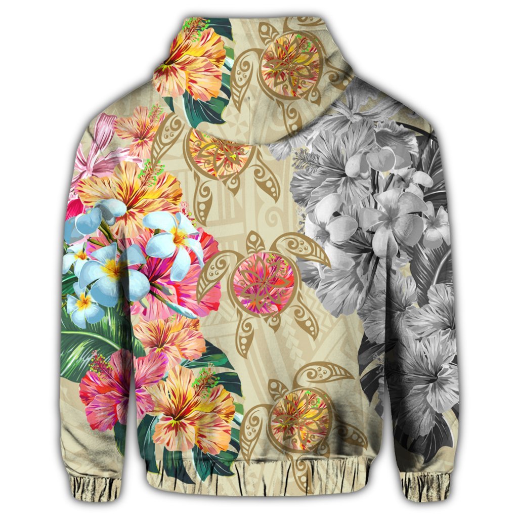 Hawaii Polynesian Flowers Swimming Turtles Zip Hoodie - Polynesian Pride