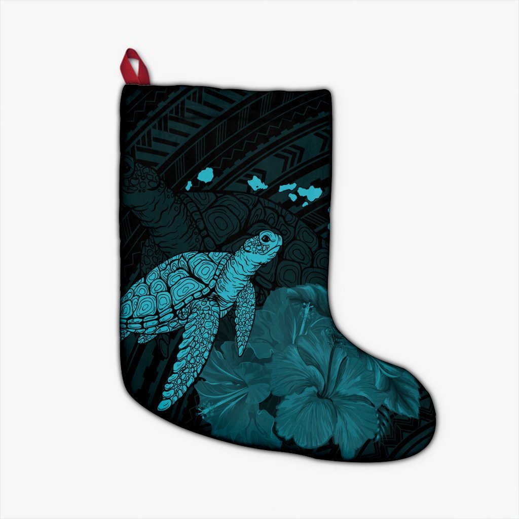 Hawaii Polynesian Hibiscus Turtle Map Christmas Stocking Blue - AH Christmas Stocking 26 X 42 cm Black - Polynesian Pride