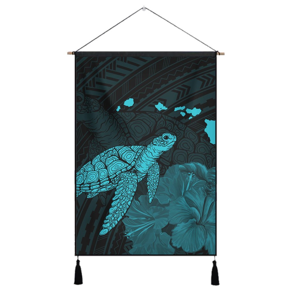 Hawaii Polynesian Hibiscus Turtle Map Hanging Poster Blue - AH Hanging Poster Cotton And Linen - Polynesian Pride