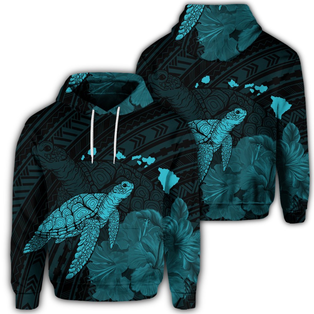 Hawaiian Polynesian Hibiscus Turtle Map Hoodie Blue Unisex Art - Polynesian Pride