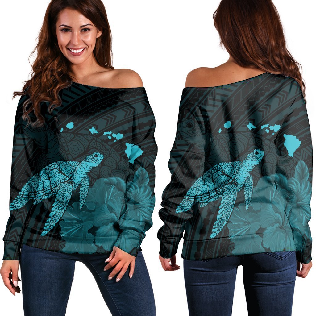 Hawaii Polynesian Hibiscus Turtle Map Women's Off Shoulder Sweater Blue - AH Black - Polynesian Pride