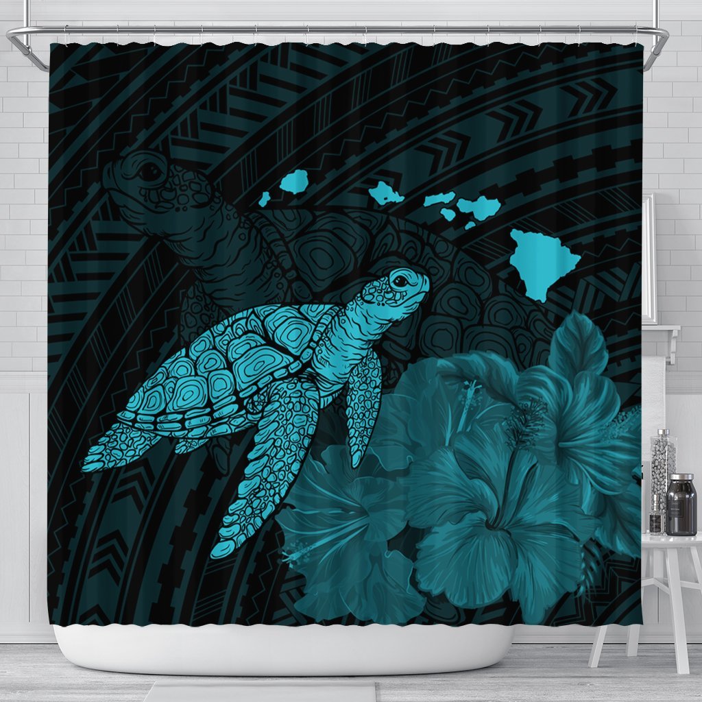 Hawaii Polynesian Hibiscus Turtle Map Shower Curtain Blue - AH 177 x 172 (cm) Black - Polynesian Pride