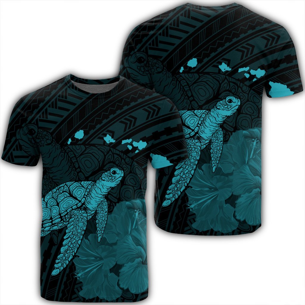 Hawaii Polynesian Hibiscus Turtle Map T Shirt Blue Unisex Black - Polynesian Pride