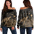 Hawaii Polynesian Hibiscus Turtle Map Women's Off Shoulder Sweater Gold - AH Black - Polynesian Pride