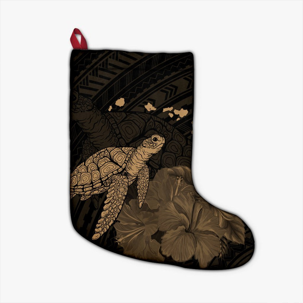 Hawaii Polynesian Hibiscus Turtle Map Christmas Stocking Gold - AH Christmas Stocking 26 X 42 cm Black - Polynesian Pride