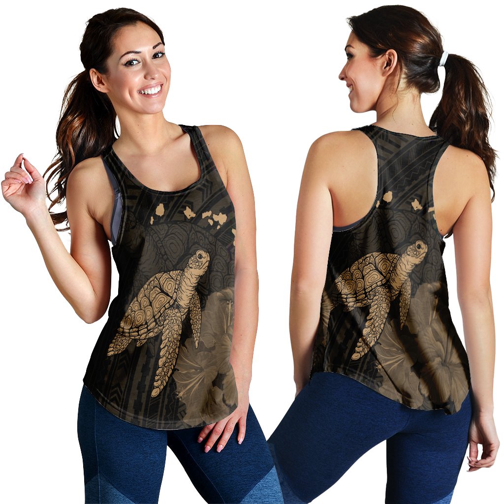 Hawaii Polynesian Hibiscus Turtle Map Racerback Tank Gold - AH Black - Polynesian Pride