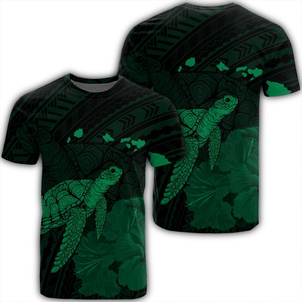 Hawaii Polynesian Hibiscus Turtle Map T Shirt Green Unisex Black - Polynesian Pride